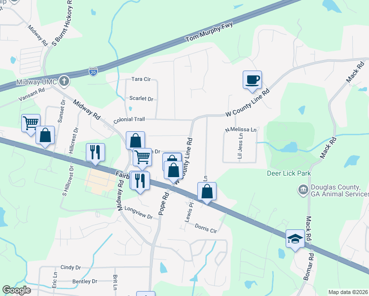 map of restaurants, bars, coffee shops, grocery stores, and more near 3681 West County Line Road in Douglasville