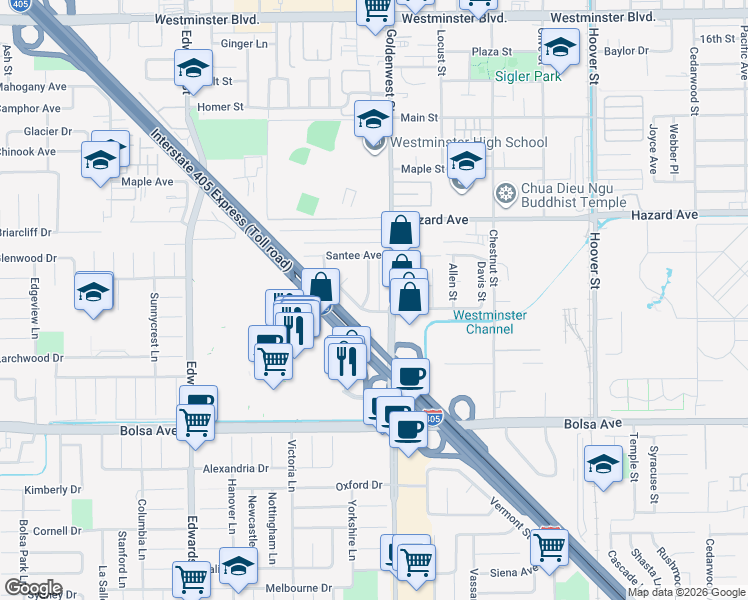 map of restaurants, bars, coffee shops, grocery stores, and more near 14682 Ralph Lane in Westminster