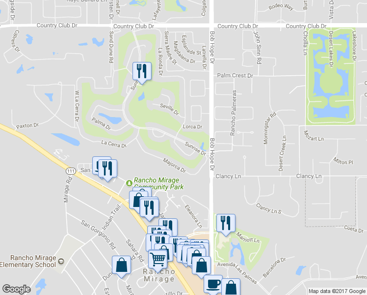 map of restaurants, bars, coffee shops, grocery stores, and more near 38 Malaga Drive in Rancho Mirage