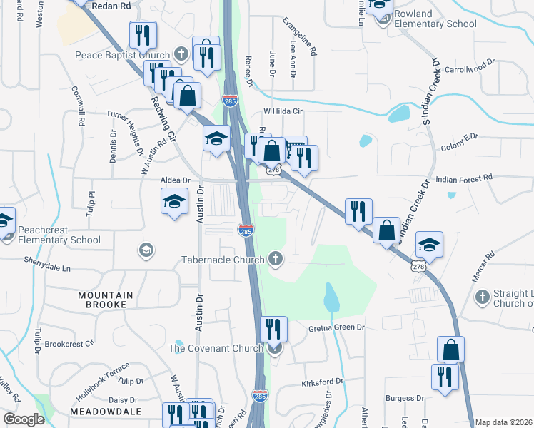 map of restaurants, bars, coffee shops, grocery stores, and more near 3121 Journal Court in Decatur