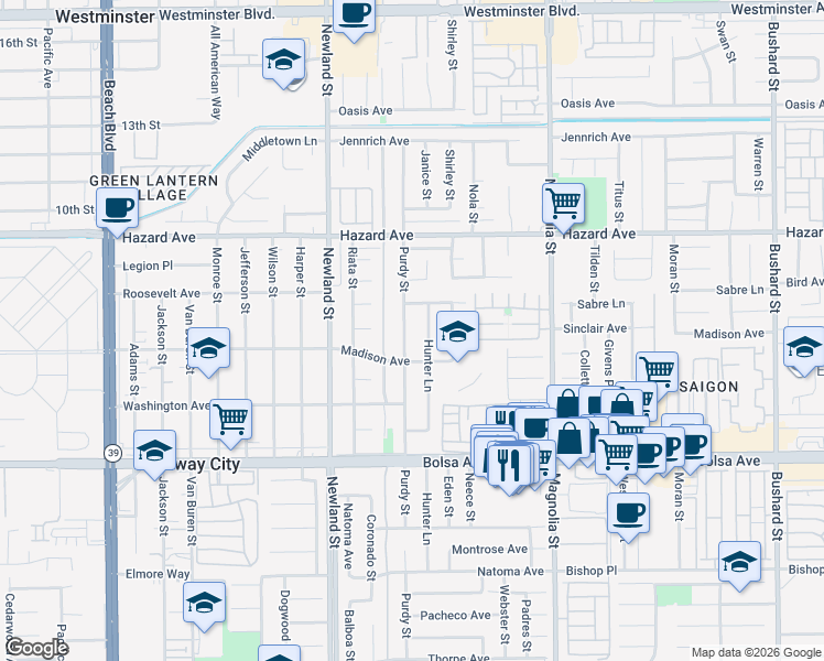 map of restaurants, bars, coffee shops, grocery stores, and more near 14702 Purdy Street in Midway City