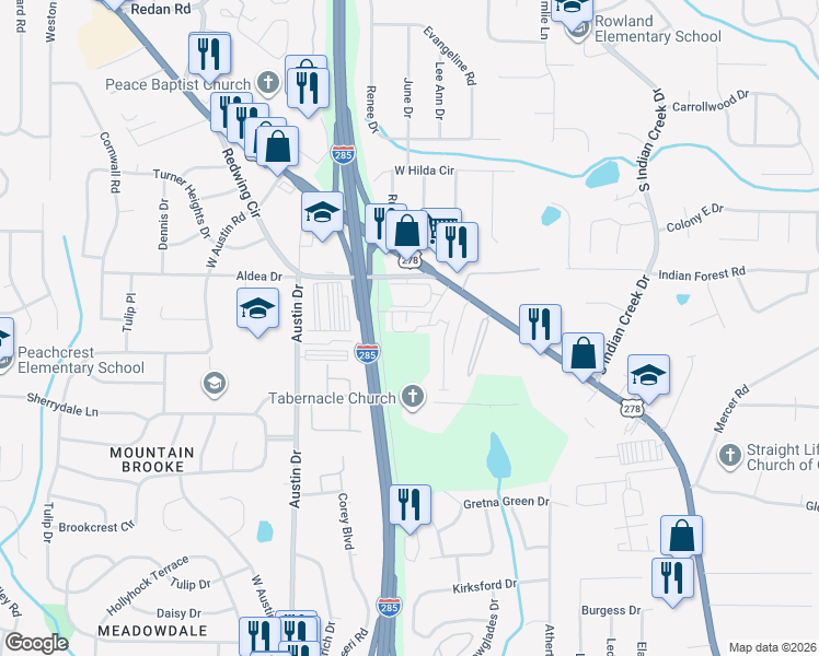map of restaurants, bars, coffee shops, grocery stores, and more near 3121 Journal Court in Decatur