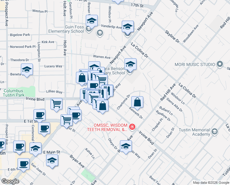 map of restaurants, bars, coffee shops, grocery stores, and more near in Tustin