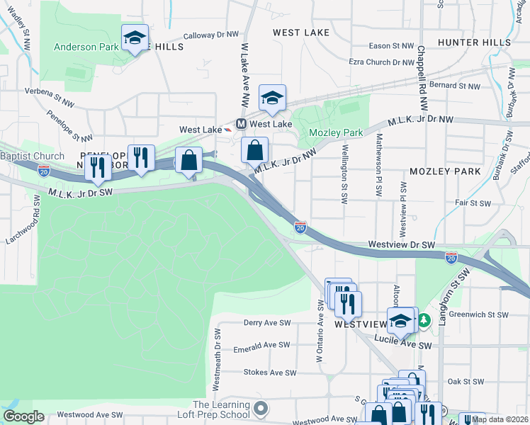 map of restaurants, bars, coffee shops, grocery stores, and more near 1685 Ralph David Abernathy Boulevard Southwest in Atlanta