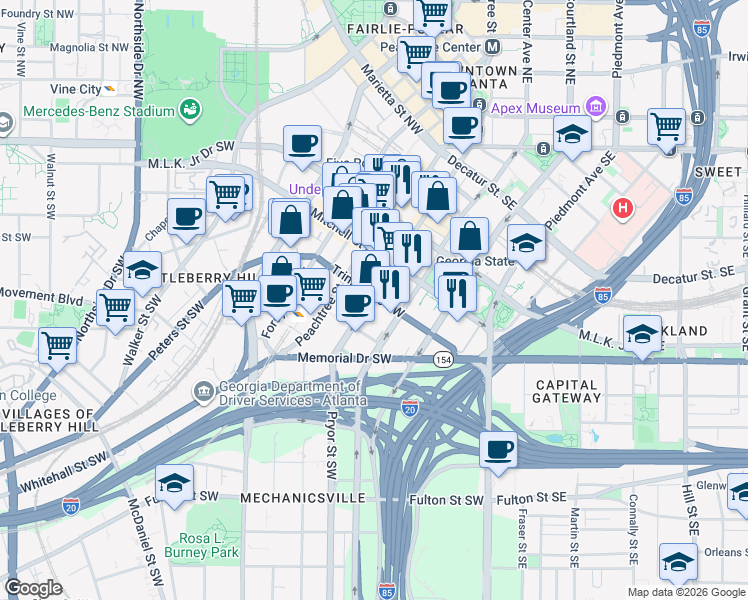 map of restaurants, bars, coffee shops, grocery stores, and more near 222 Pryor Street Southwest in Atlanta