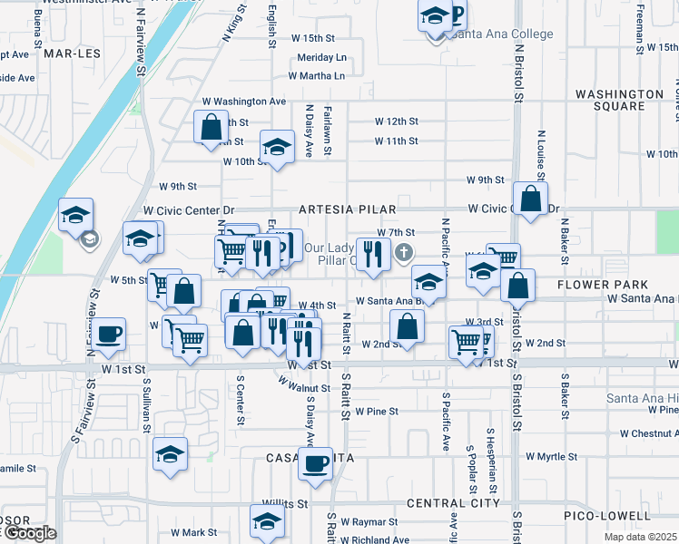 map of restaurants, bars, coffee shops, grocery stores, and more near 1805 West 5th Street in Santa Ana