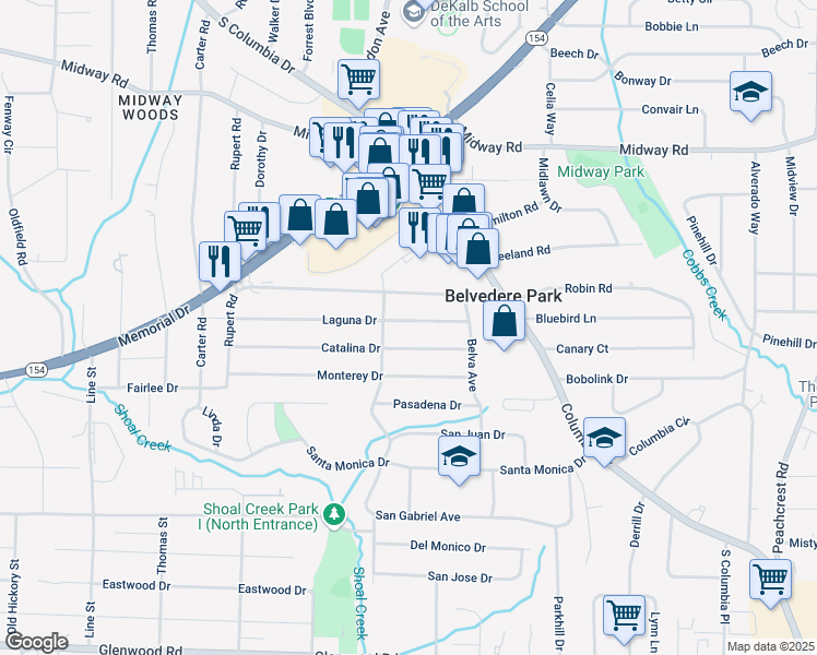 map of restaurants, bars, coffee shops, grocery stores, and more near 2985 Laguna Drive in Decatur