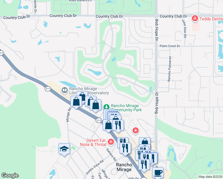 map of restaurants, bars, coffee shops, grocery stores, and more near 75 Majorca Drive in Rancho Mirage