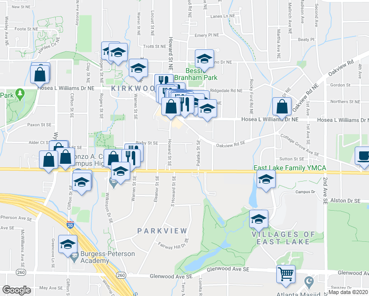map of restaurants, bars, coffee shops, grocery stores, and more near 131 Bixby Terrace Southeast in Atlanta