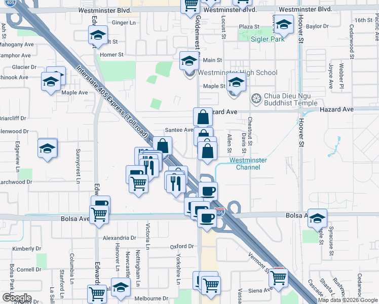 map of restaurants, bars, coffee shops, grocery stores, and more near 14682 Ralph Lane in Westminster