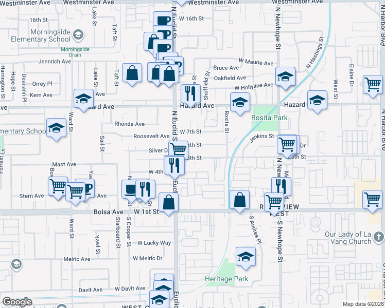 map of restaurants, bars, coffee shops, grocery stores, and more near 5028 West Signet Circle in Santa Ana