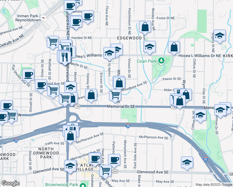 map of restaurants, bars, coffee shops, grocery stores, and more near 159 Whitefoord Avenue Southeast in Atlanta