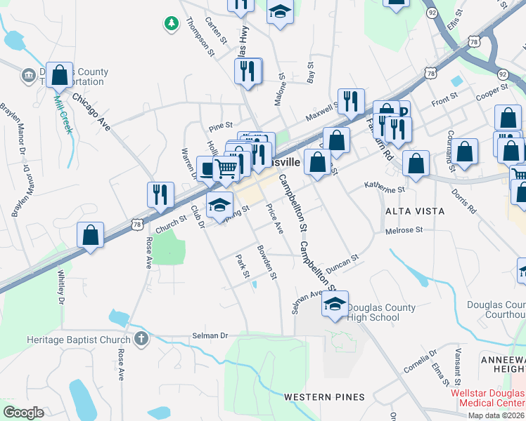 map of restaurants, bars, coffee shops, grocery stores, and more near 8536 Bowden Street in Douglasville