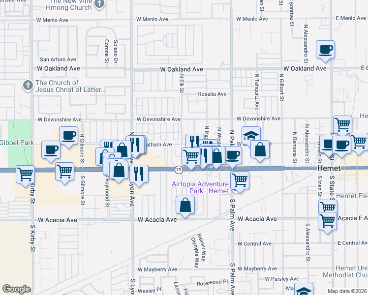 map of restaurants, bars, coffee shops, grocery stores, and more near in Hemet