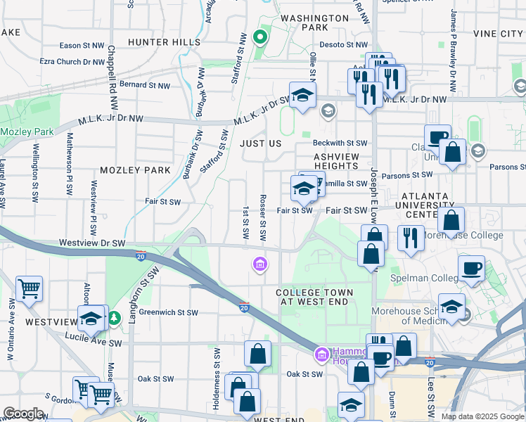 map of restaurants, bars, coffee shops, grocery stores, and more near Rosser Street Southwest in Atlanta