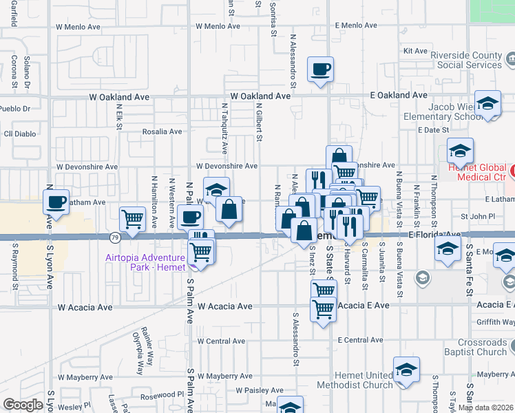 map of restaurants, bars, coffee shops, grocery stores, and more near 136 North Gilbert Street in Hemet