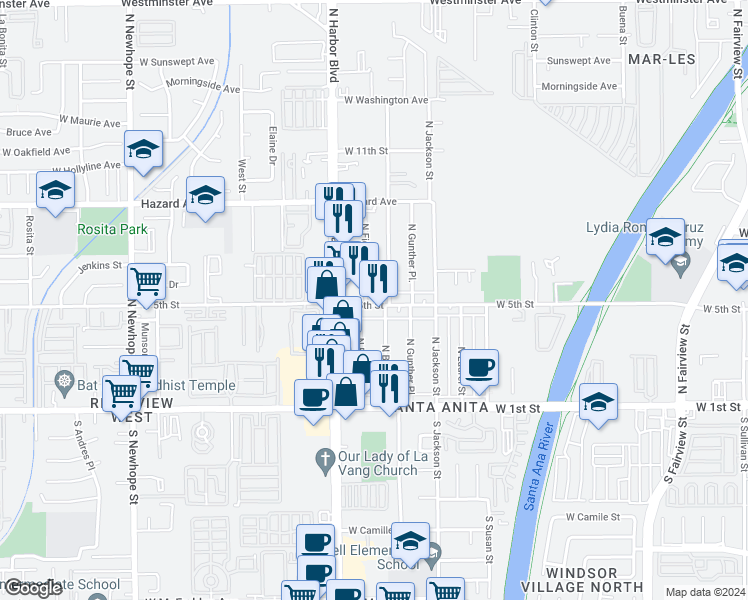 map of restaurants, bars, coffee shops, grocery stores, and more near 3629 West 5th Street in Santa Ana