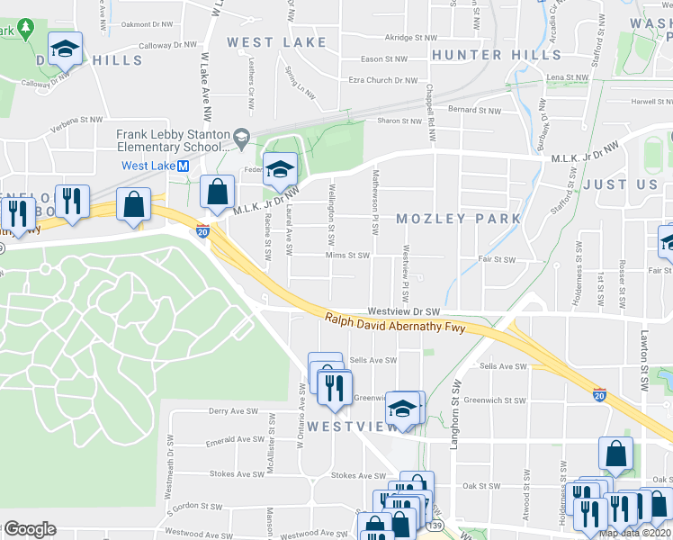 map of restaurants, bars, coffee shops, grocery stores, and more near 224 Wellington Street Southwest in Atlanta