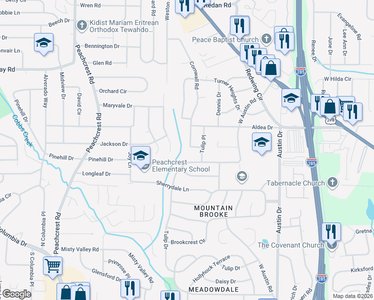 map of restaurants, bars, coffee shops, grocery stores, and more near 3287 Tulip Drive in Decatur