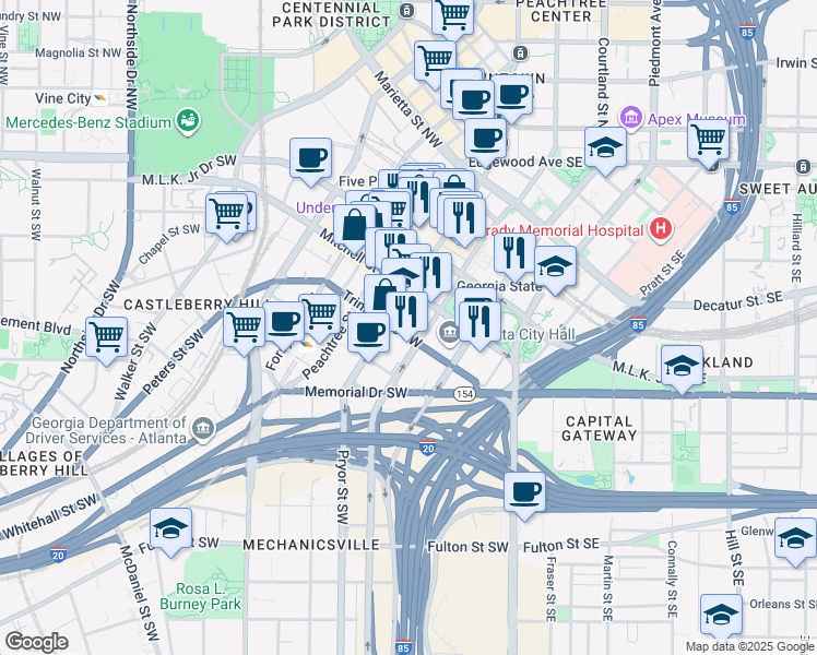 map of restaurants, bars, coffee shops, grocery stores, and more near 57 Trinity Avenue Southwest in Atlanta