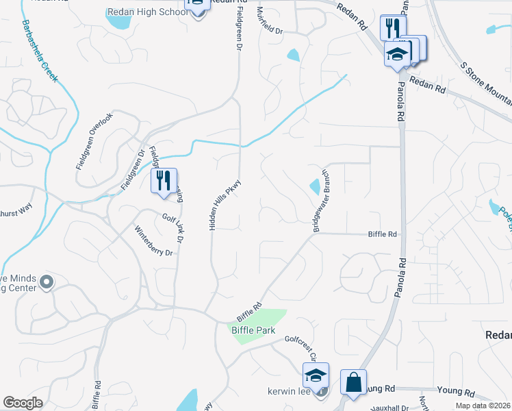 map of restaurants, bars, coffee shops, grocery stores, and more near 1571 Kennons Hill Drive in Stone Mountain