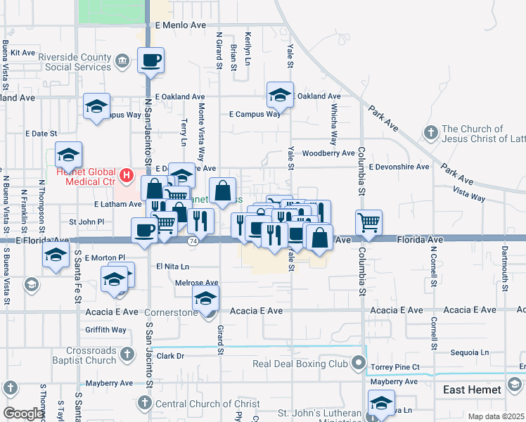 map of restaurants, bars, coffee shops, grocery stores, and more near 1920 East Florida Avenue in Hemet