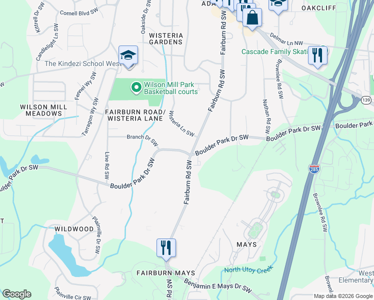 map of restaurants, bars, coffee shops, grocery stores, and more near 3680 Boulder Park Drive Southwest in Atlanta