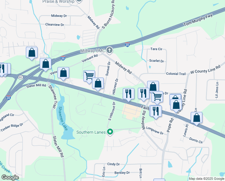 map of restaurants, bars, coffee shops, grocery stores, and more near 2069 Hillcrest Drive in Douglasville