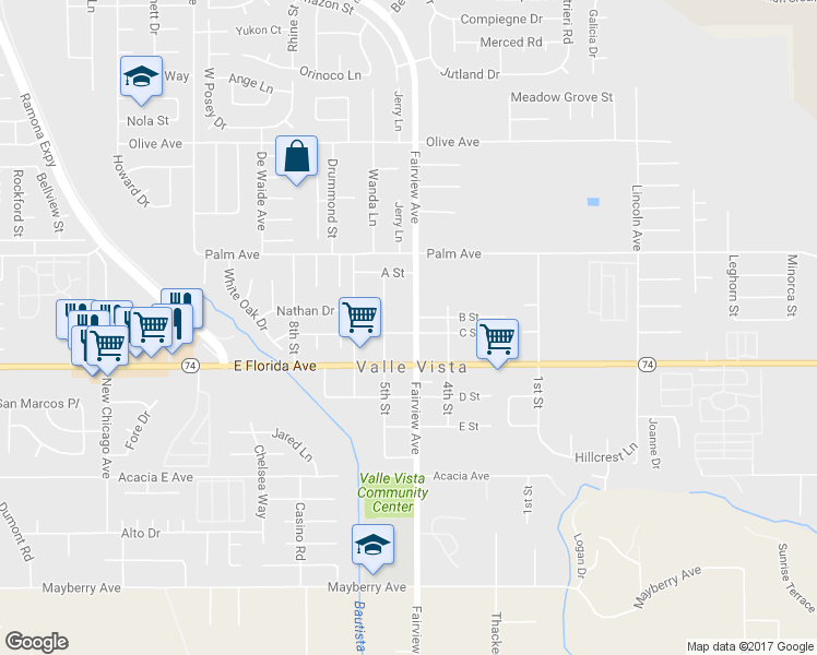 map of restaurants, bars, coffee shops, grocery stores, and more near 43978 C Street in Hemet