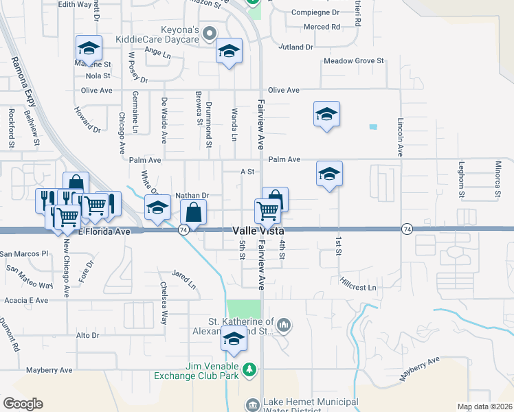 map of restaurants, bars, coffee shops, grocery stores, and more near 43978 C Street in Hemet
