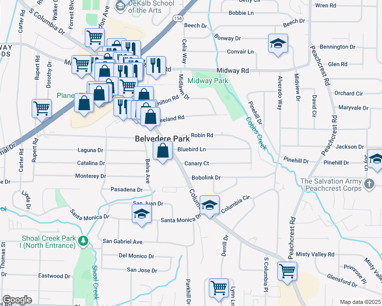 map of restaurants, bars, coffee shops, grocery stores, and more near 3135 Bluebird Lane in Decatur