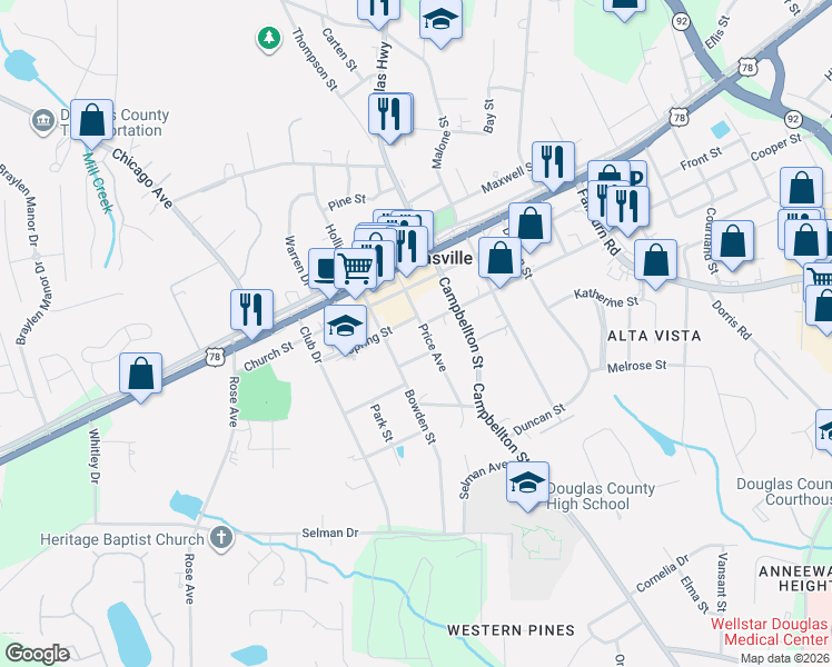 map of restaurants, bars, coffee shops, grocery stores, and more near 8536 Bowden Street in Douglasville
