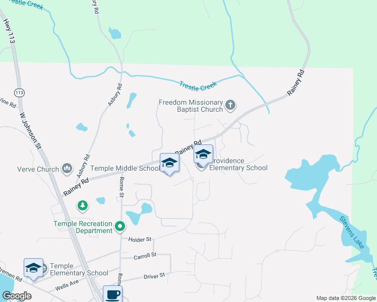 map of restaurants, bars, coffee shops, grocery stores, and more near 341 Rainey Road in Temple