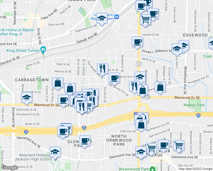 map of restaurants, bars, coffee shops, grocery stores, and more near 176 Stovall Street Southeast in Atlanta