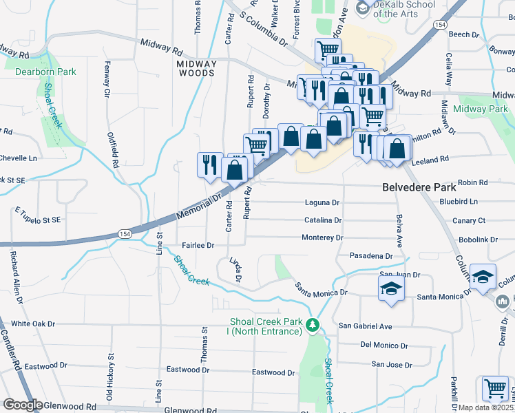 map of restaurants, bars, coffee shops, grocery stores, and more near 2835 Laguna Drive in Decatur