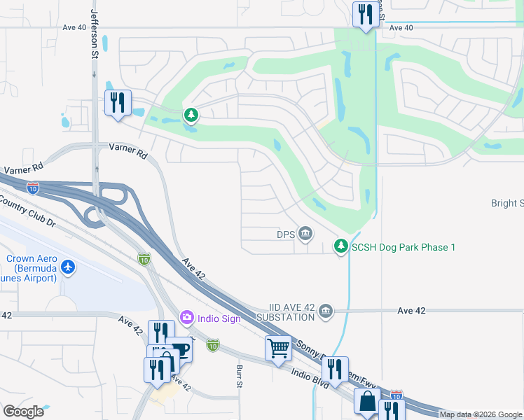 map of restaurants, bars, coffee shops, grocery stores, and more near 80572 Avenida San Fernando in Indio