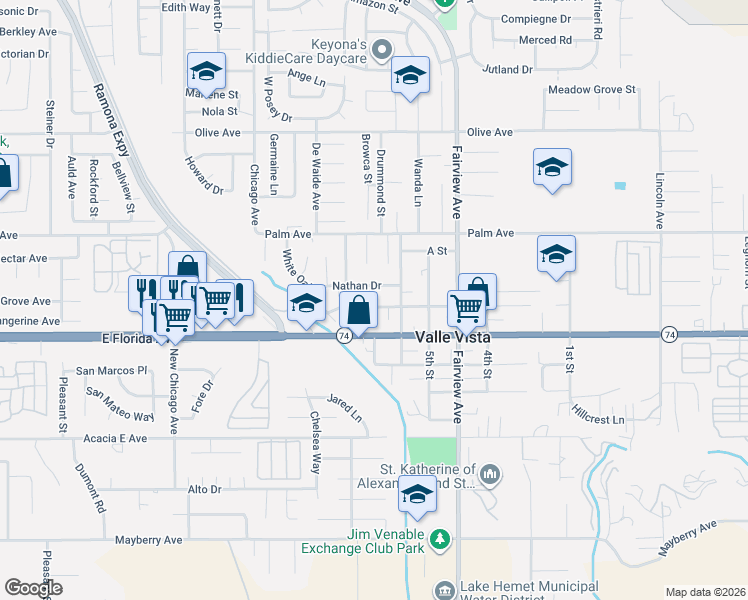 map of restaurants, bars, coffee shops, grocery stores, and more near in Hemet