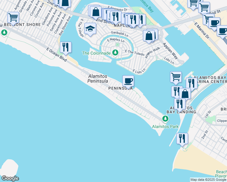 map of restaurants, bars, coffee shops, grocery stores, and more near 18 61st Place in Long Beach