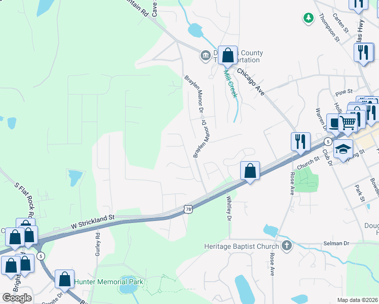 map of restaurants, bars, coffee shops, grocery stores, and more near 7225 Cedar Forest Drive in Douglasville