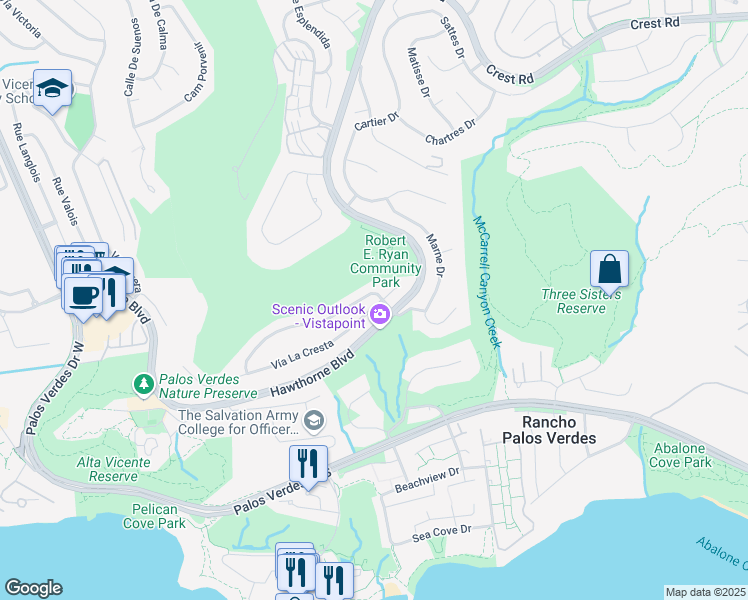 map of restaurants, bars, coffee shops, grocery stores, and more near 6728 Vallon Drive in Rancho Palos Verdes