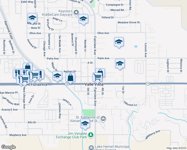 map of restaurants, bars, coffee shops, grocery stores, and more near 43978 C Street in Hemet