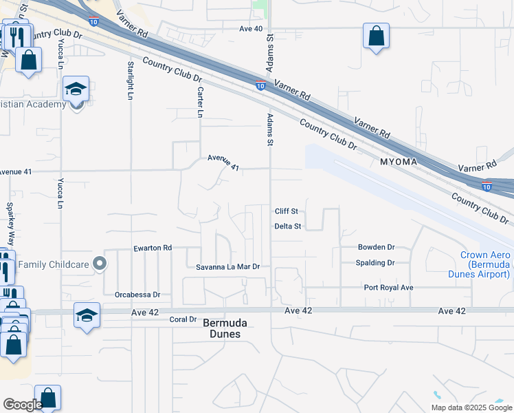 map of restaurants, bars, coffee shops, grocery stores, and more near 41411 Maroon Town Road in Bermuda Dunes
