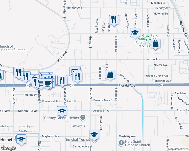 map of restaurants, bars, coffee shops, grocery stores, and more near 150 North Hemet Street in Hemet