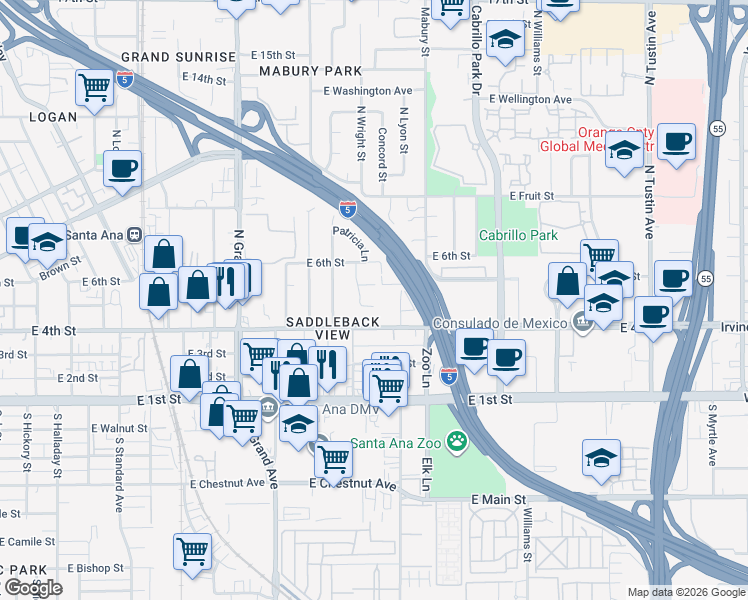 map of restaurants, bars, coffee shops, grocery stores, and more near 1665 East 4th Street in Santa Ana