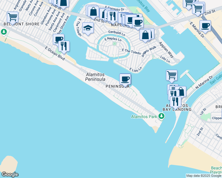 map of restaurants, bars, coffee shops, grocery stores, and more near 18 61st Place in Long Beach