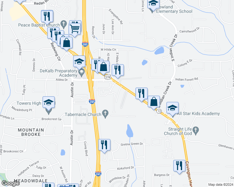 map of restaurants, bars, coffee shops, grocery stores, and more near 1520 Vernon Boulevard in Decatur