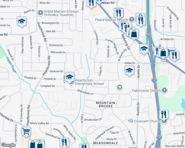 map of restaurants, bars, coffee shops, grocery stores, and more near 3287 Tulip Drive in Decatur