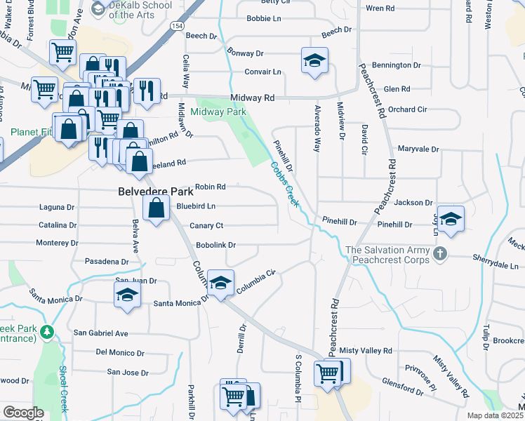 map of restaurants, bars, coffee shops, grocery stores, and more near 3235 Bluebird Lane in Decatur