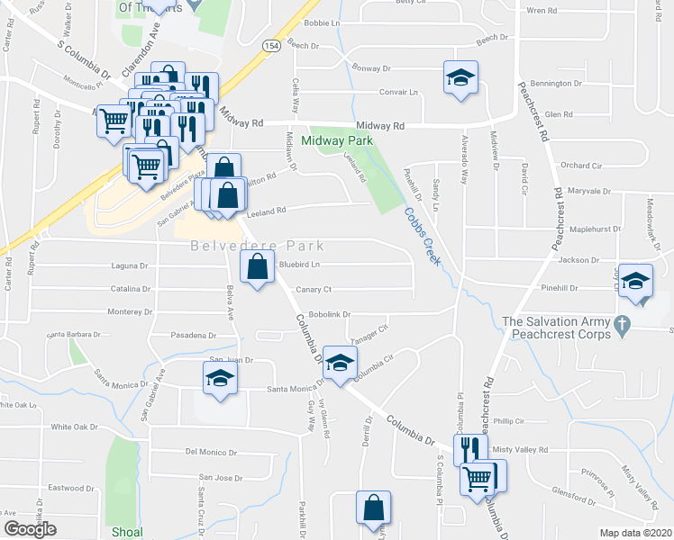 map of restaurants, bars, coffee shops, grocery stores, and more near 3169 Bluebird Lane in Decatur