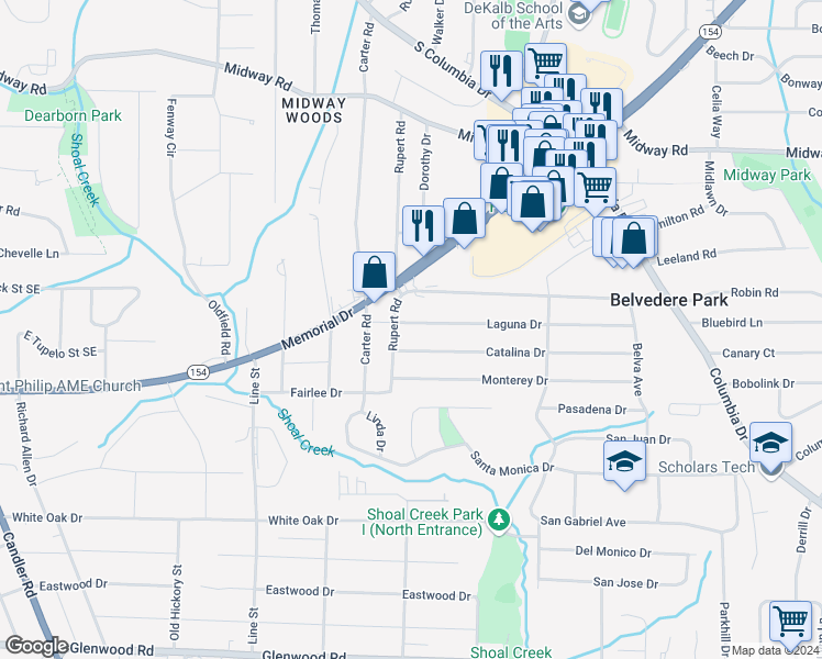 map of restaurants, bars, coffee shops, grocery stores, and more near 2835 Laguna Drive in Decatur